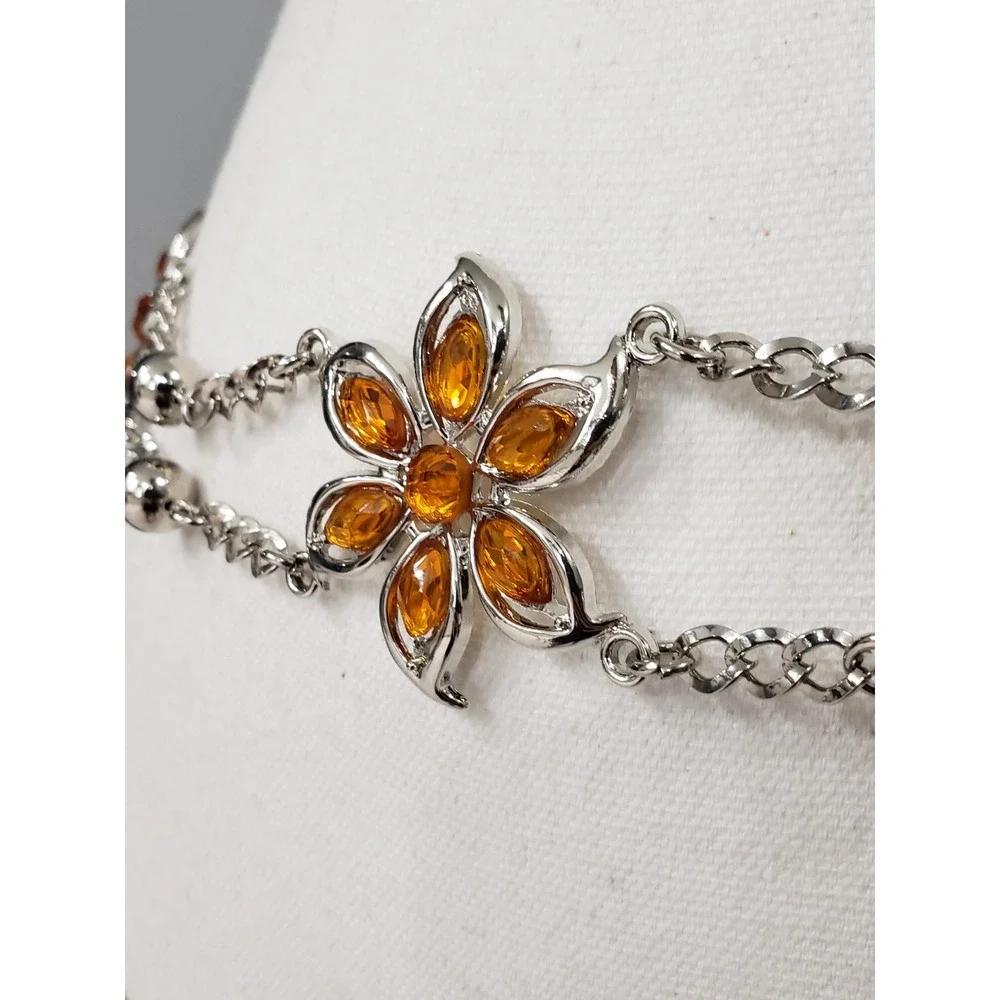 Vintage Y2K FLOWER LOTUS ORANGE RHINESTONE SILVER CHAIN BELT 90s 2000s